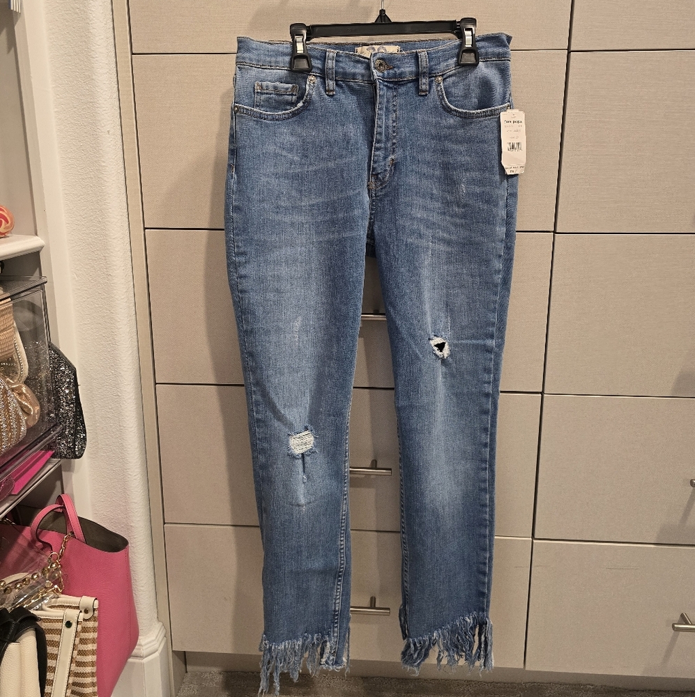 Free People Blue Distressed Straight Leg Jeans